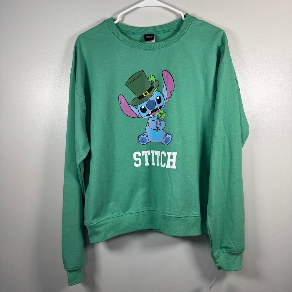 Disney Stitch St Patricks Day Green Sweatshirt Womens M Shamrock Pullover New